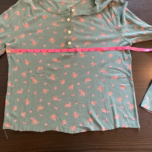 American Eagle Floral Henley‎ Shirt Ribbed Casual Green Large READ DIY Cut Off - Image 5
