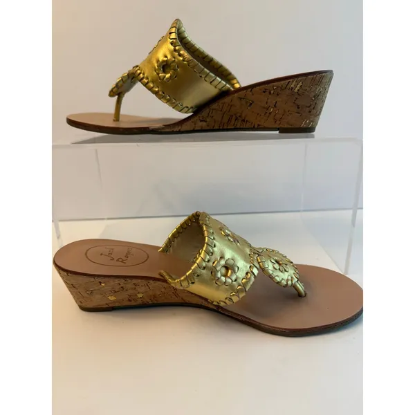 Jack Rogers Cork Wedge Sandals Womens Size 7 Gold Metallic Whipstitch Resortwear - Image 3