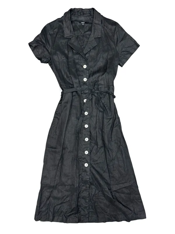 Quince 100% European Linen Button Front Short Sleeve Tie Midi Dress Black Small - Image 5