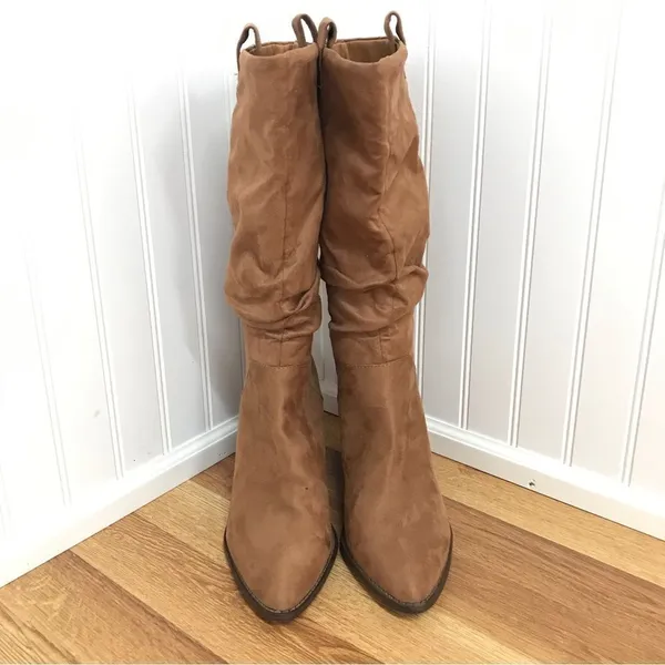 REPORT Faux Suede Slouch Midi Boot Size‎ 8 Tan Brown High Block Heel Western - Image 2