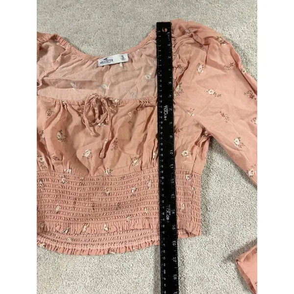 Hollister pink Floral Print Long Sleeve Cropped Blouse Elastic‎ Waist Size S EUC - Image 4