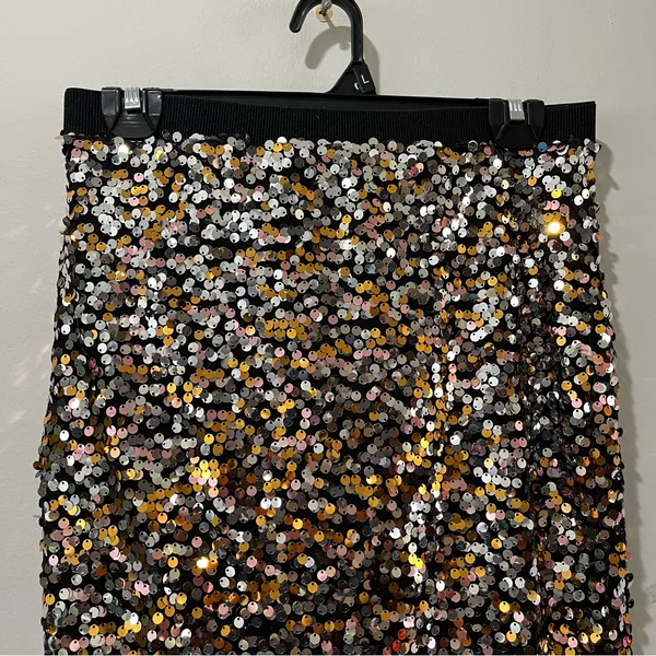 Women's Skirt Small Pencil Golden Sequin Embellished Waistband Party Gold‎ Black - Image 4