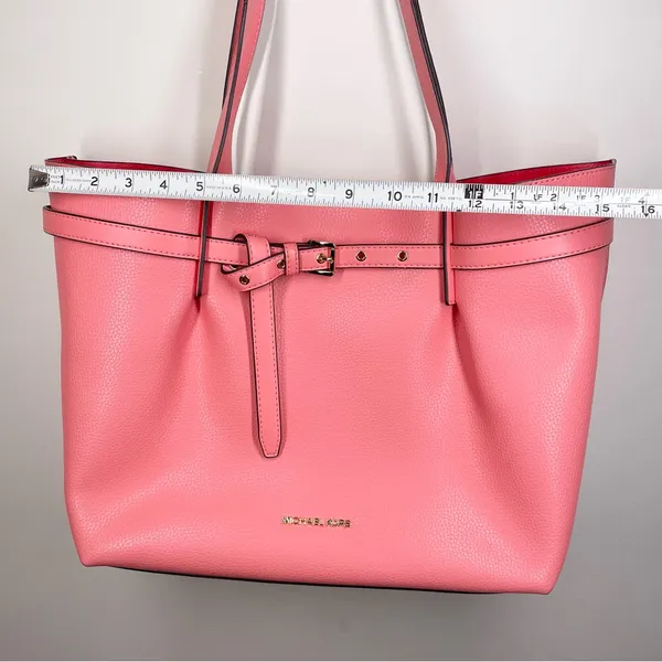 Michael Kors Emilia Large Pebbled Leather Tote Bag Grapefruit Pink Buckle Accent - Image 12