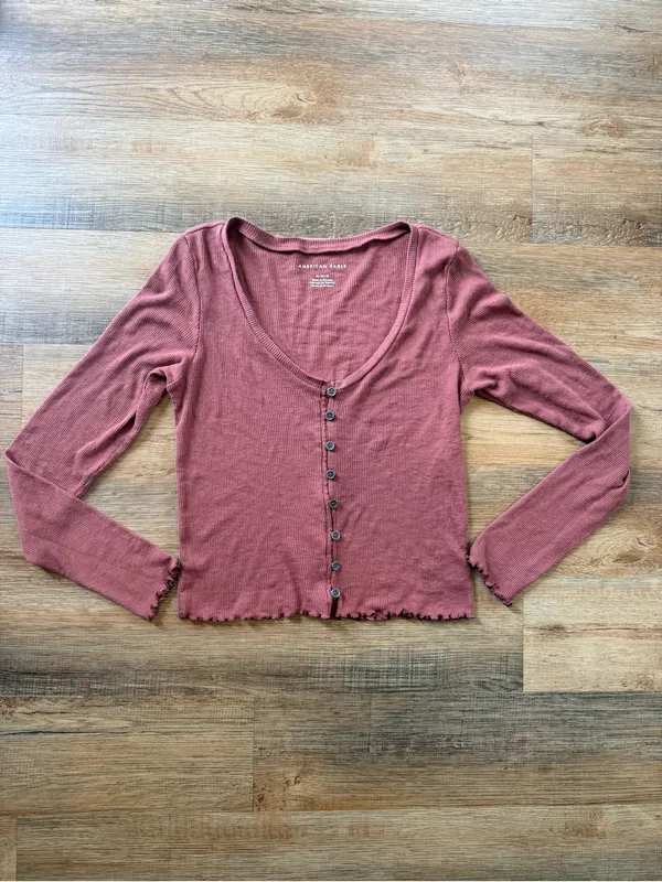 American Eagle Outfitters Rust Ribbed Button-Front Long Sleeve Top Medium - Image 5