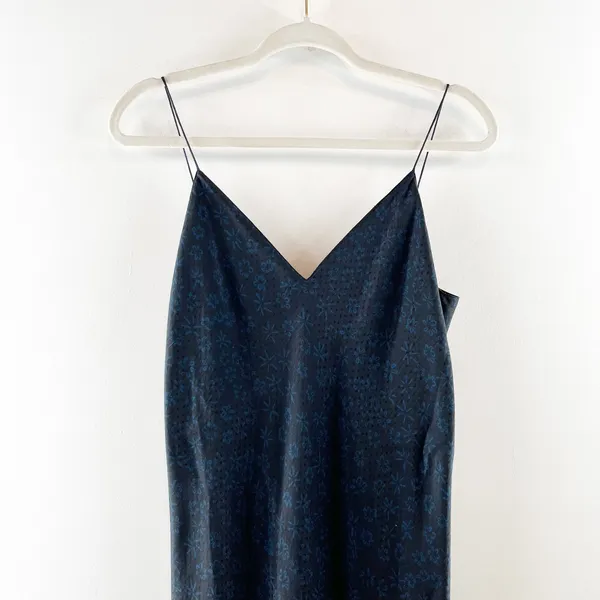 Theory Easy Sleeveless Spaghetti Strap V-Neck Midi Slip Dress Flower Silk Navy 4 - Image 5
