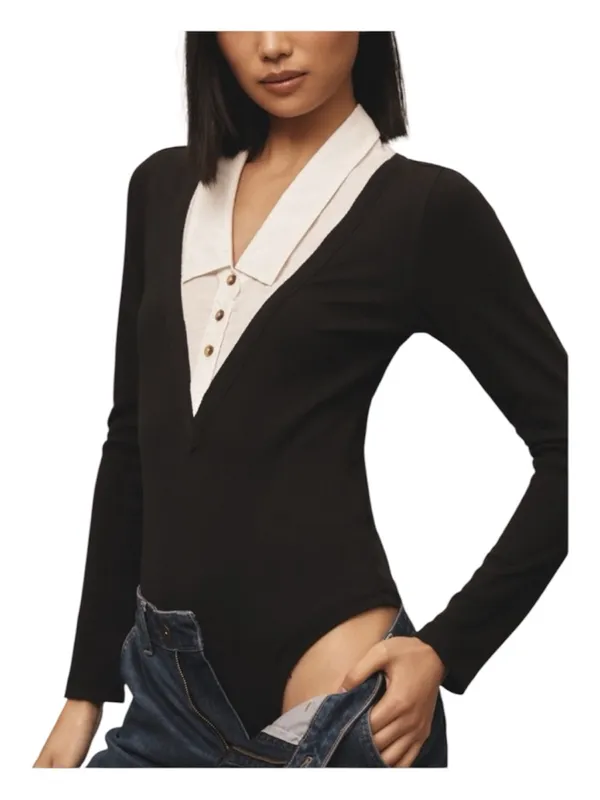 Pilcro Black V-Neck Bodysuit with White Faux-Collar XL NWOT - Image 2