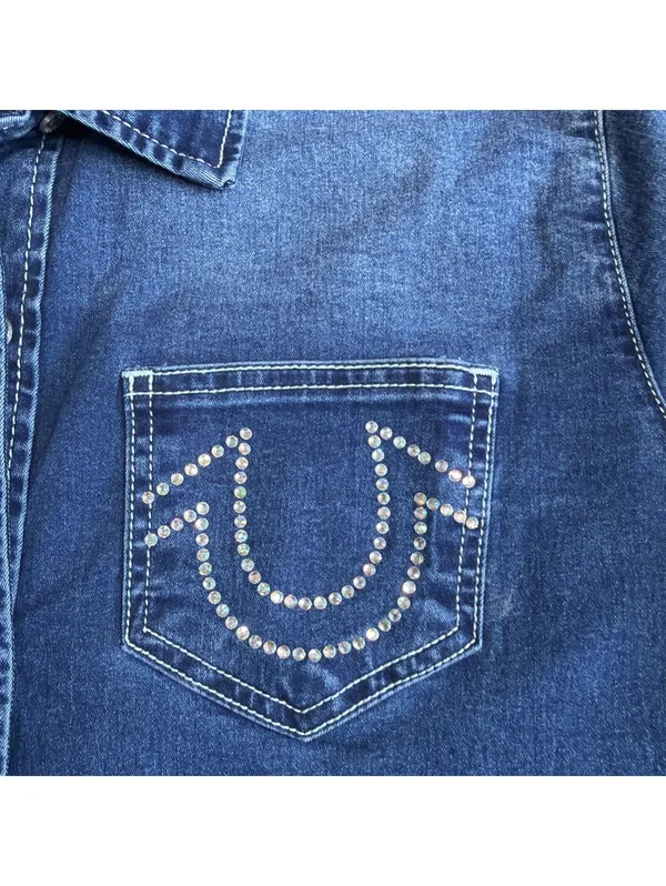 Size Large Women’s True Religion Western Denim Shirt Crystal Horseshoe - Image 5