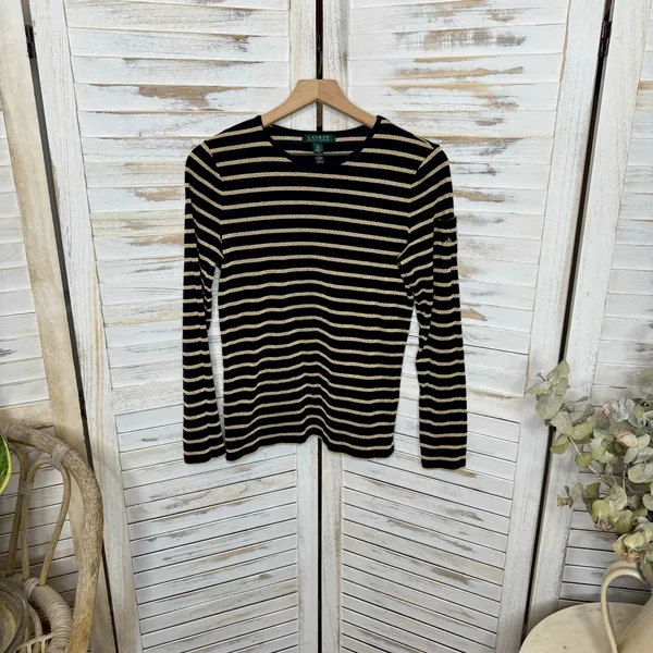 LAUREN RALPH LAUREN Black Gold Stripe Top Monogramed Arm Pocket Medium - Image 13