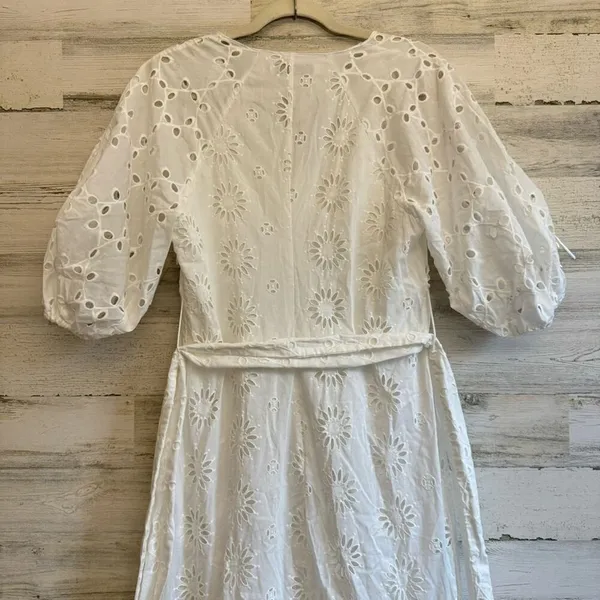 Zara Eyelet Cotton Midi Dress Puff Sleeve Belted Floral Ruffle Tiered Medium - Image 8