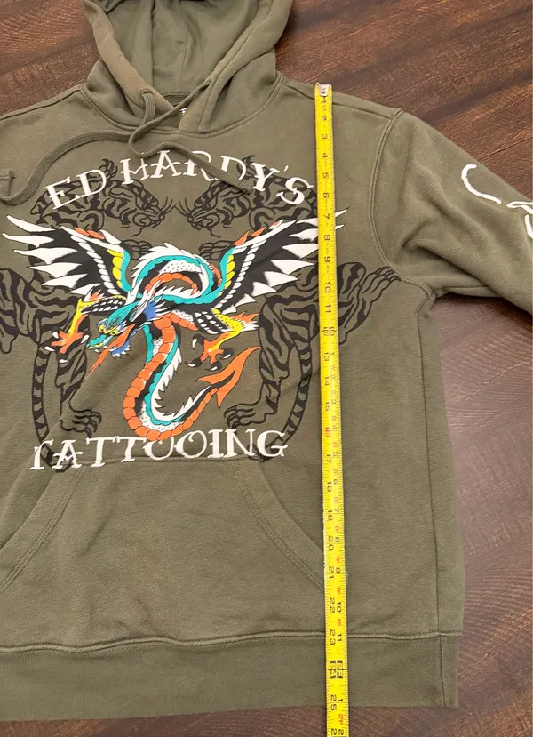 Ed Hardy Dragon Tiger Tattoing Sweatshirt Hoodie Green Men's S - Image 7