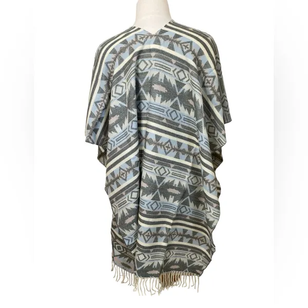 Free people Blue & Gray Western Boho Hippie Acrylic Pull Over Fringe poncho - Image 3
