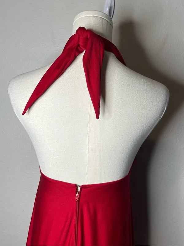 70s Vintage Sak’s Fifth Avenue Young Dimensions Red Feather Halter Maxi Dress - Image 4