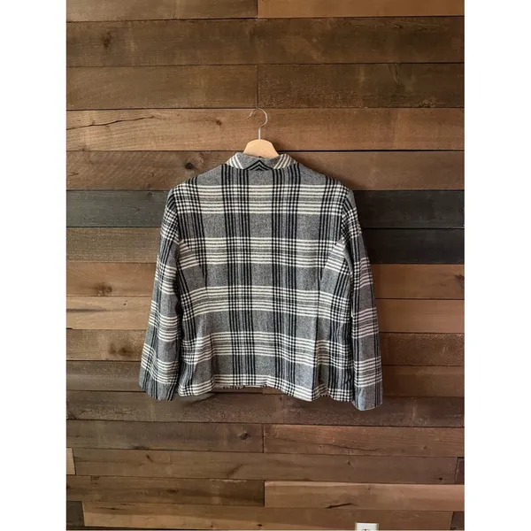Vintage 90s Plaid Wool Blend Jacket Gray Black Cream Minimalist Coat - Image 9