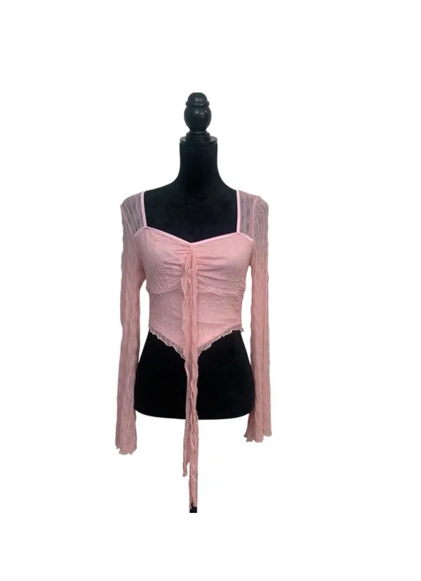 Women's M Pastel Pink Long Sleeve Sheer Mesh Fairy Top - Image 2