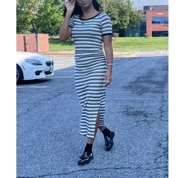 Ganni Blue White Striped T-Shirt Dress SMALL Ruched Knit Designer $325 Flaw - Image 4
