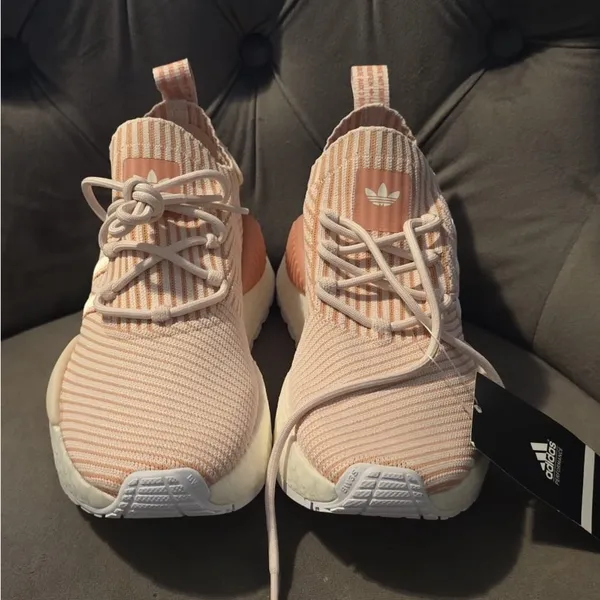 Adidas Peach and White Striped Sneakers - Image 3