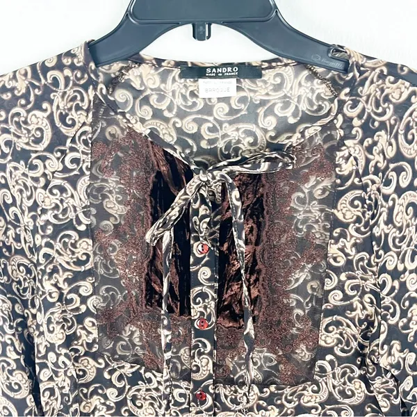 SANDRO Baroque Brown Paisley Print Sheer Lace Trim Blouse Size Small Boho Chic - Image 9