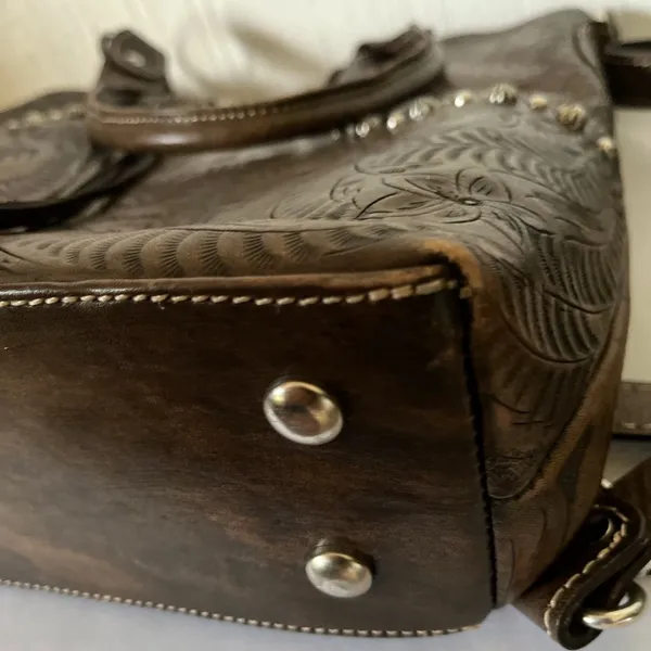American West Hand Tooled Leather Handbag Western Bag Shoulder Purse Tassel - Image 4