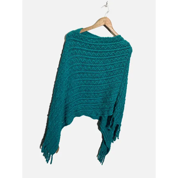 Occasionally Made Poncho Women OS Teal Chunky Knit Fringe Boho Layering Wrap - Image 2