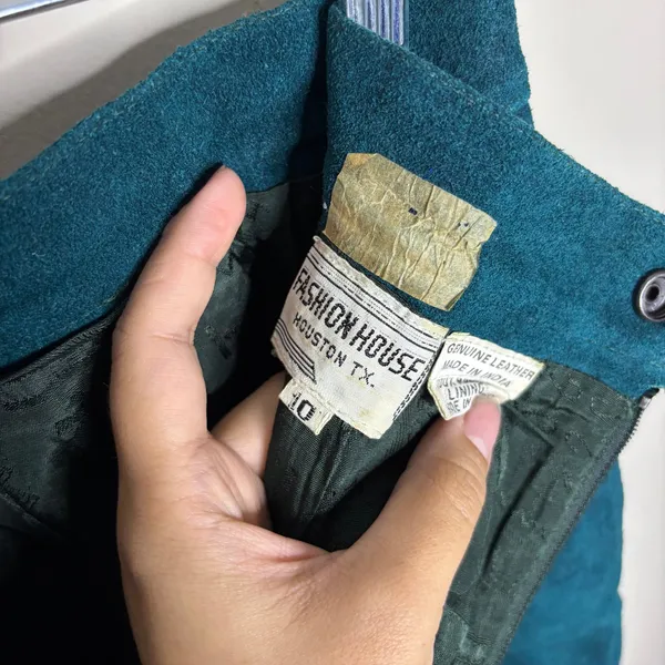 Fashion House Teal Suede Leather High Waist Mini Skirt Vintage Sz 10 - Image 5