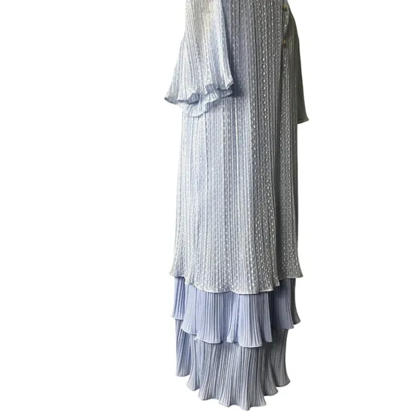 Vintage 80s Risa Ann Baby Blue Shimmer Pleated Tiered Dress S/M - Image 5