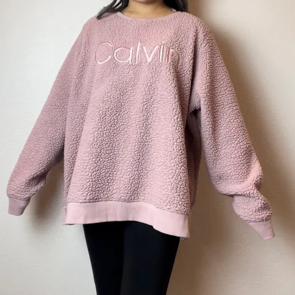 Calvin Klein Mauve Dusty Pink Logo Graphic Sherpa Pullover Crewneck Sweatshirt - Image 2