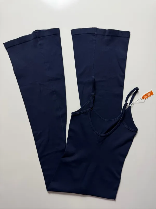 NWT Amazon Ribbed Flared Leg Jumpsuit, Navy Blue, Size S - Image 5