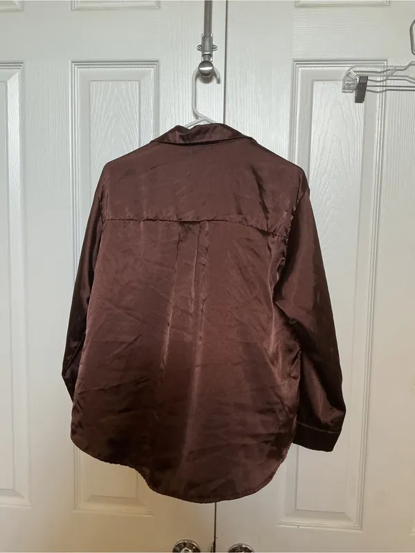 Women’s Satin Button-Up Shirt in Dark Brown - Image 4