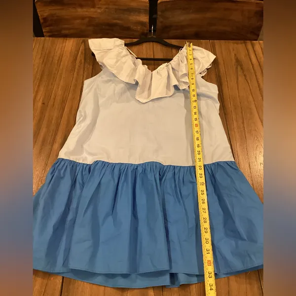 ENGLISH FACTORY colorblock Ruffled sleeveless blue Shift mini Dress size M - Image 4