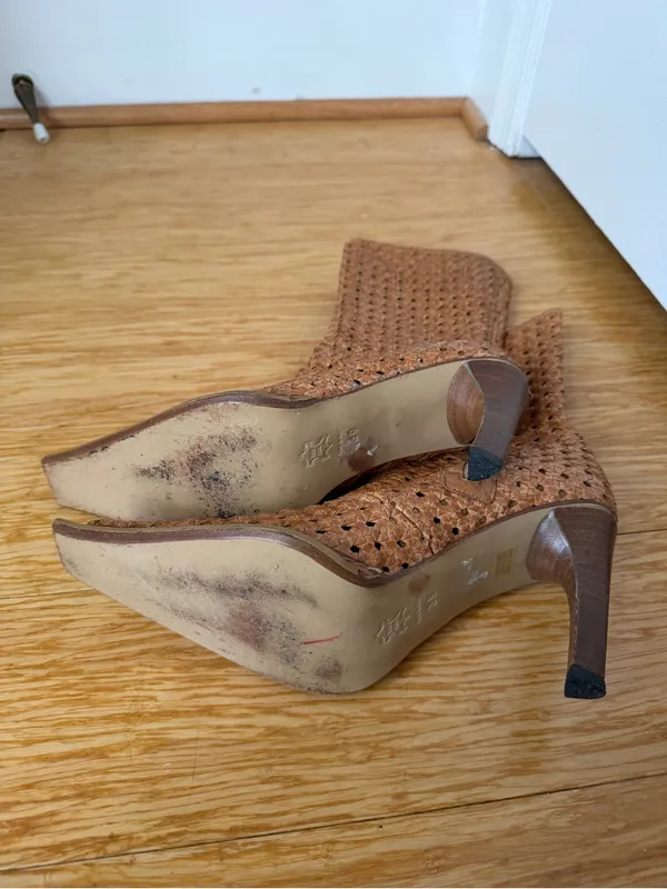 Vintage Woven Leather Brown Pointed Toe Heeled Boots EU 39 US 8 - Image 5