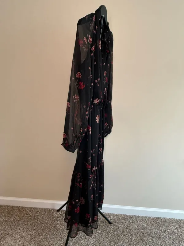Lauren Ralph Lauren‎ Black Floral Print Crinkle Georgette Midi Dress - Image 4