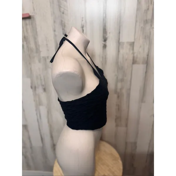 Black Halter Ruched Crop Top Size Large Black - Image 3