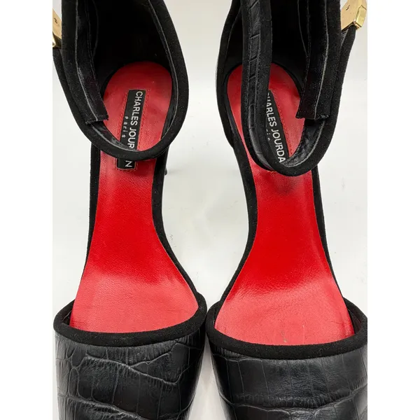 Charles Jourdan Shoes Women‎ 7.5 Black Croc Emboss Pointed Toe Ankle Strap Heel - Image 13