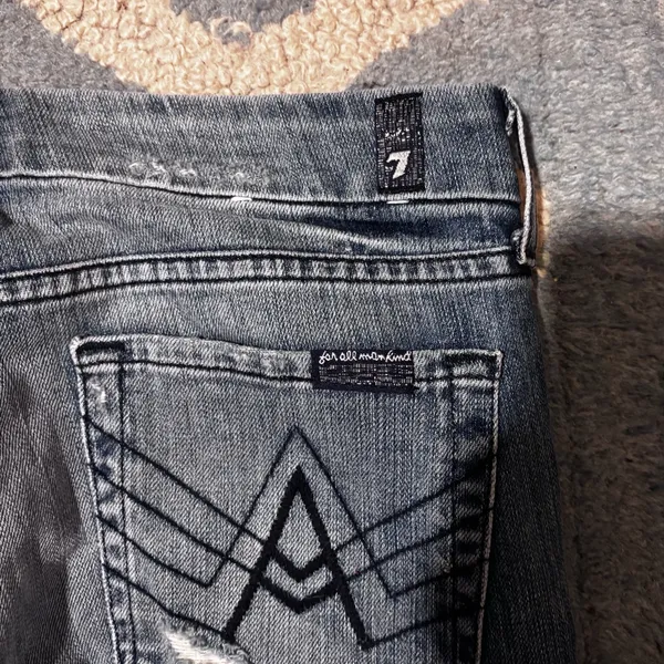 7 For All Mankind Distressed Flare Jeans in Dark Blue - Image 6