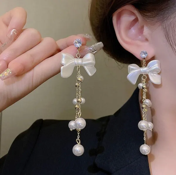 Elegant Bow White Pearl Dangle Drop Earrings for Women - Image 4