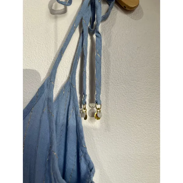 Aerie Magic Hour Blue Gauze Tiered Mini‎ Dress Boho Tie Strap Beach Size M - Image 7