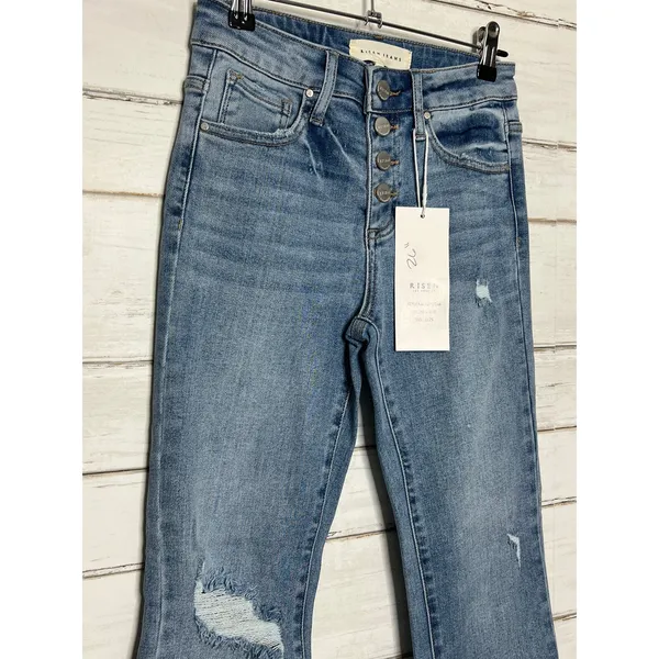 Risen Button Fly Cropped Flare Jeans Size 25 Distressed Light Wash Denim - Image 3