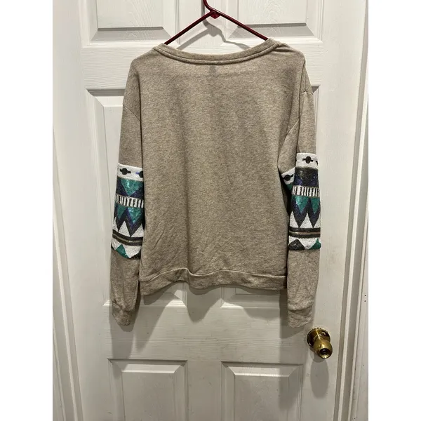 Entro Womens Sequin Aztec‎ Sleeve Sweatshirt Oatmeal Heather Geometric Top L - Image 5