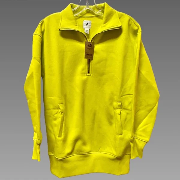 NWT Amazon Aware Relaxed Fit Half Zip‎ Tunic Sweatshirt Neon Lime – XXS Yellow - Image 2