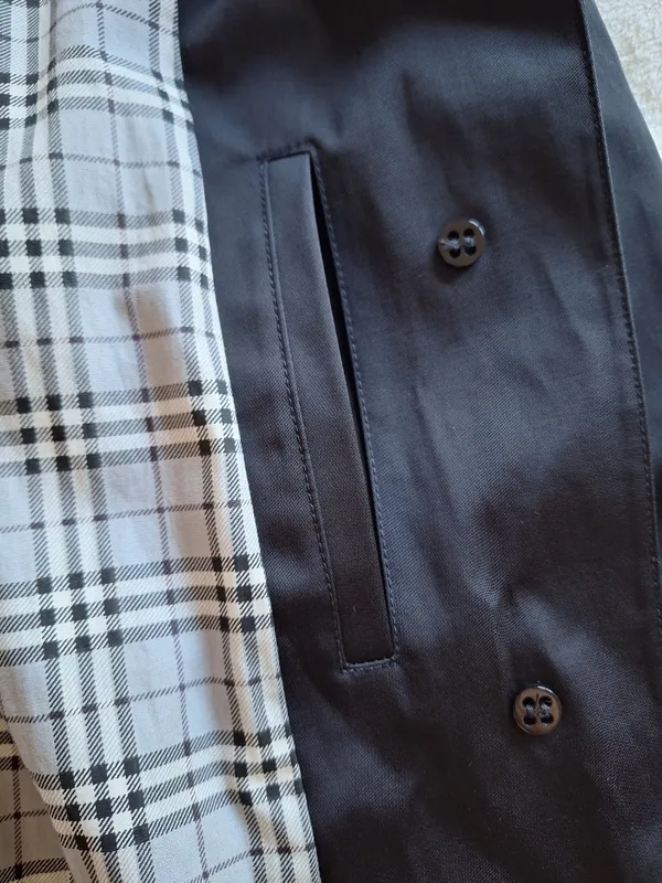 NWOT Gallery Black Single Breasted Rain Coat Jacket Size L Plaid Lining - Image 14