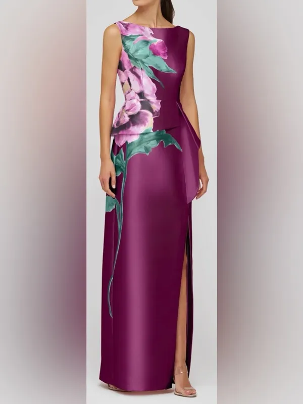 NEW NEW, Kay Unger Luciana Placed Floral Column Sleeveless Gown Mulberry Sz 0 - Image 3