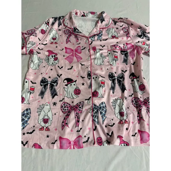 Pink Halloween Ghost Bow Pajama Set Short Sleeve Button Down Shorts Womens Large - Image 3