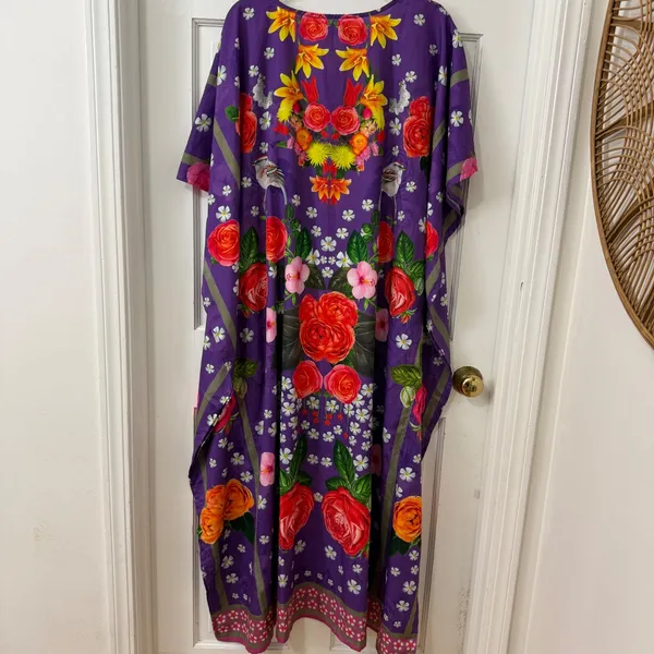 Miss Lavish Kaftan‎ Dress L Tropical Birds Flowers Resort White Lotus Boho NWT - Image 3
