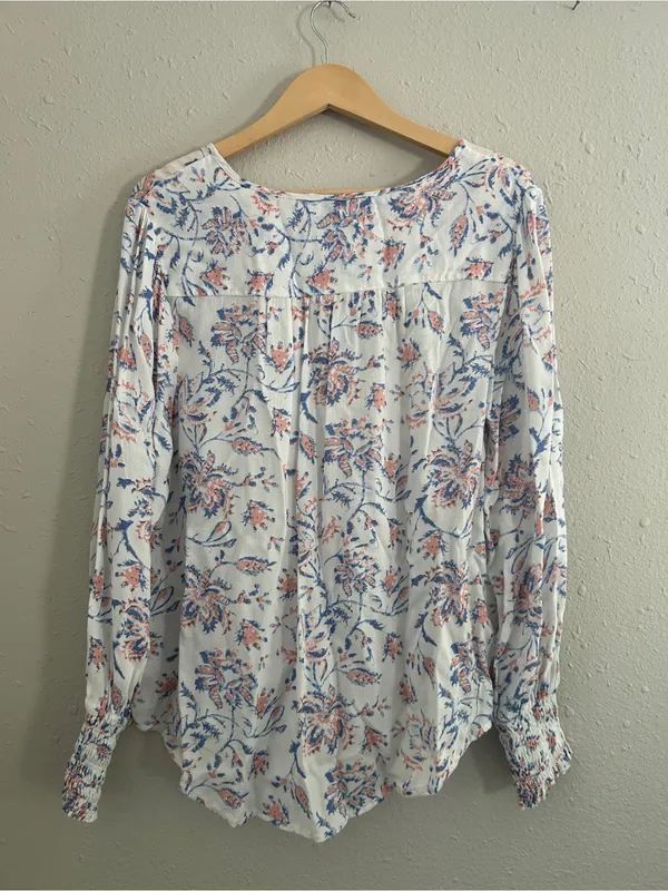 Lucky Brand White Floral Tie-Front Peasant Blouse Floral Boho Bohemian Large - Image 4