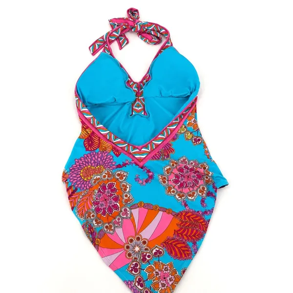 Trina Turk Swimsuit Women 14 Blue Meilani Border Halter Plunge NWT Colorful - Image 3