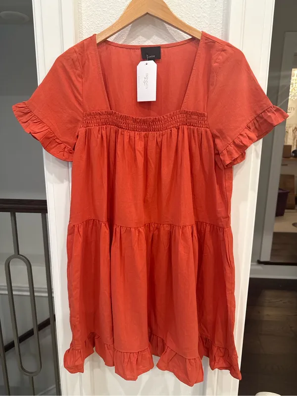 Lumière Rust Babydoll Mini Dress NWT Medium Square Neck Ruffle Sleeve - Image 2