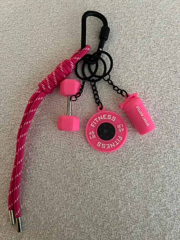 Pink Fitness Keychain Set - Weight Plate, Dumbbell & Shaker Charm - Image 2