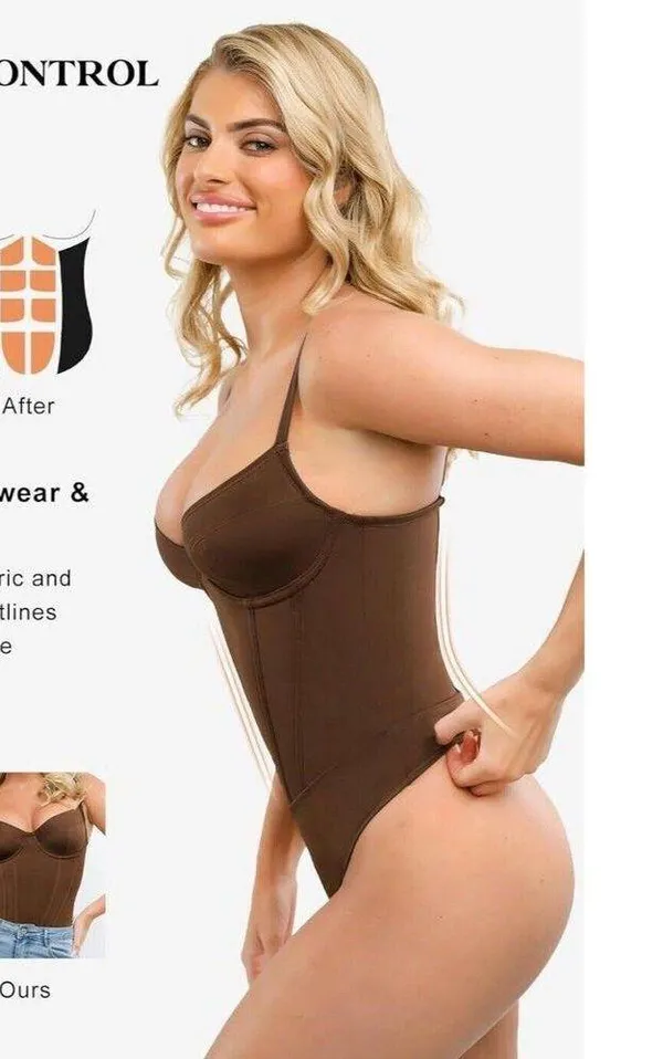 Popilush Corset Bodysuit Built in Bra V Neck Tummy Control Thong Shapewear NEW - Image 9