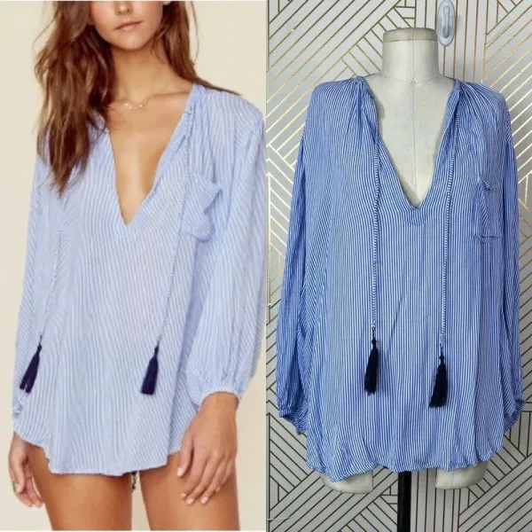 Faithfull the Brand Alice Blue Stripe‎ Tasseled Top Size US 6 - Image 2