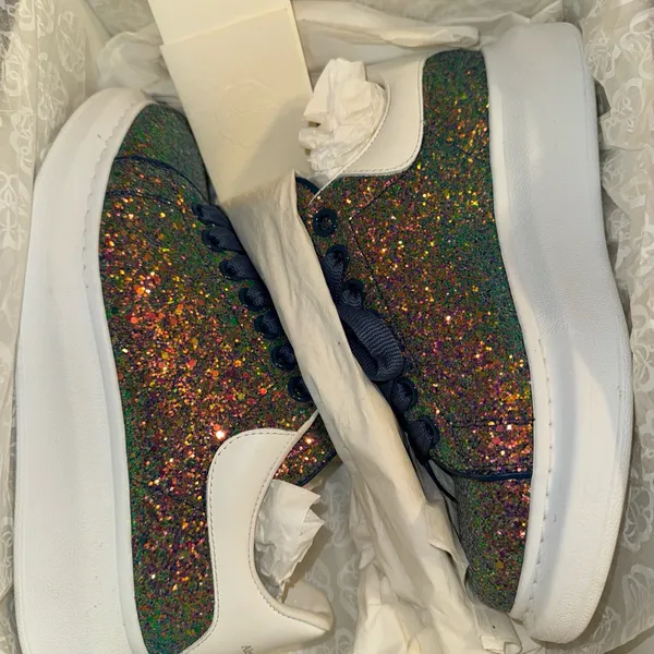 ALEXANDER MCQUEEN Womens‎ Blue Glitter-1-1/2" Platform Wedge Sneakers Shoes 37.5 - Image 9